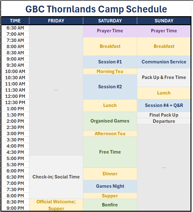 GBC Thornlands Camp Schedule: Friday check-in and welcome; Saturday prayer, sessions, meals, games, free time, and bonfire; Sunday prayer, communion, final session, and departure