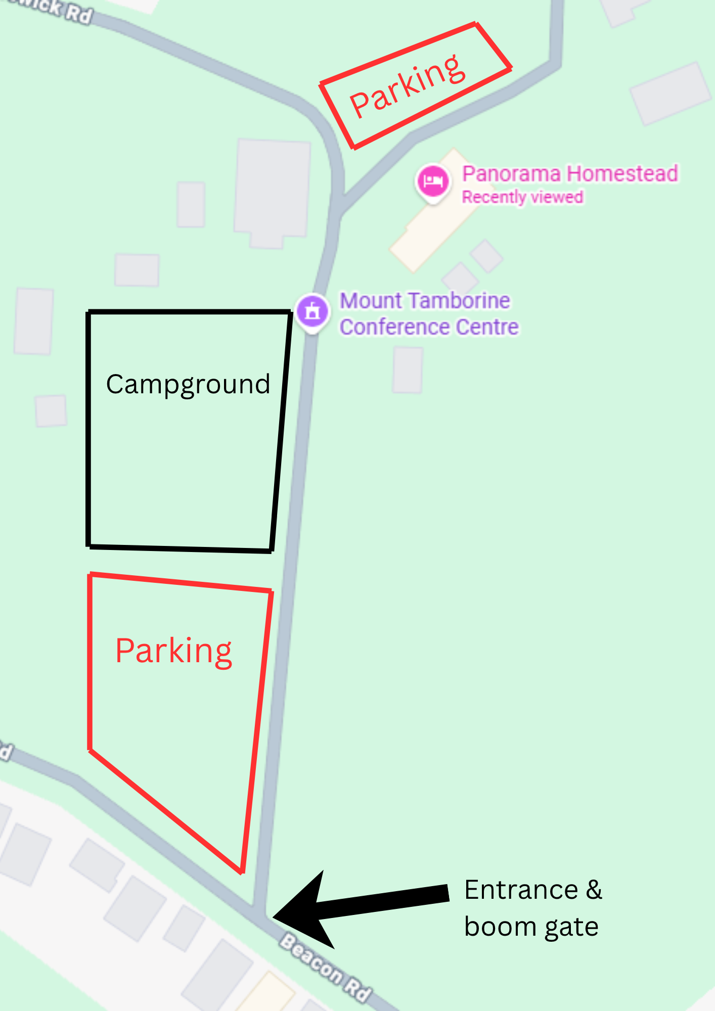 Map of the campgrounds, parking areas, Panaroma Homestead, Mount Tamborine Conference Centre, and entrance